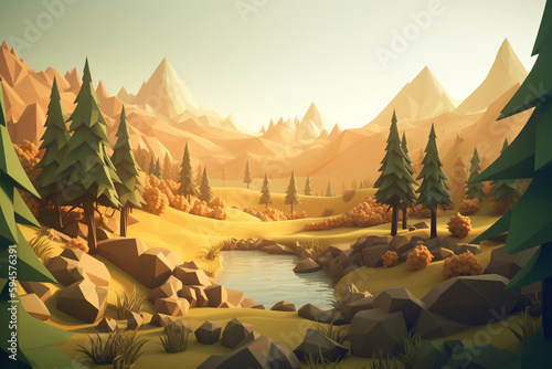 Beautiful low polygonal landscape  metaverse   virtual world concept. Generative art