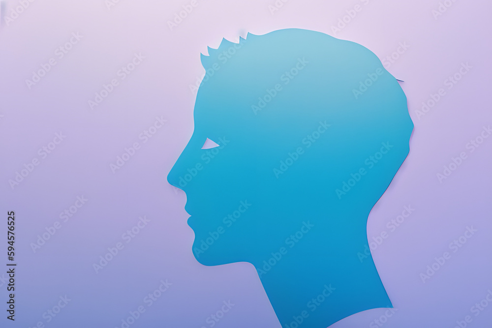 Paper-cut silhouette of a head on a blue-pink pastel background. Mental health