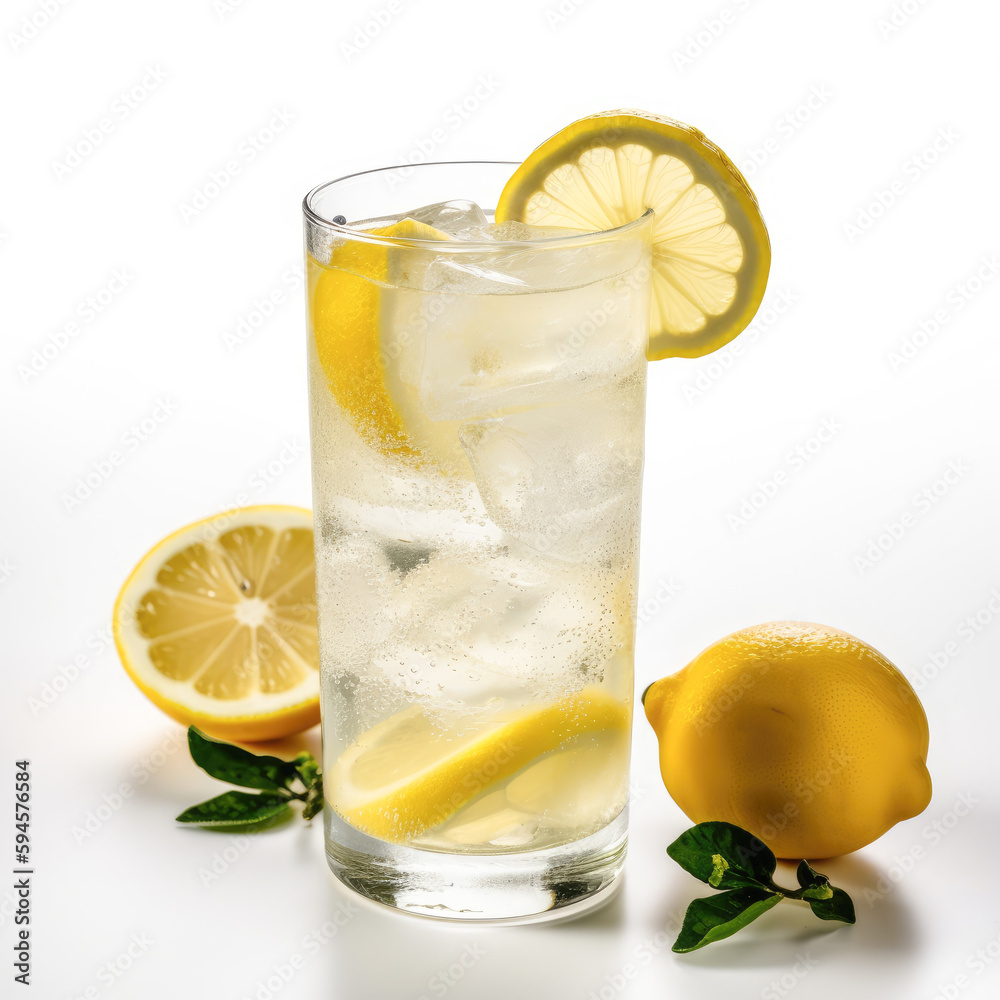 A refreshing glass of lemonade captured in a bright and airy shot on a white background, perfectly showcasing its zesty citrus flavor and vibrant yellow color. A refreshing glass of lemonade captured in a bright and airy shot on a white background, perfectly showcasing its zesty citrus flavor and vibrant yellow color.