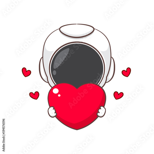 Cute astronaut holding red love heart cartoon character.  Space concept design. Hand drawn flat adorable chibi vector illustration. Isolated white background