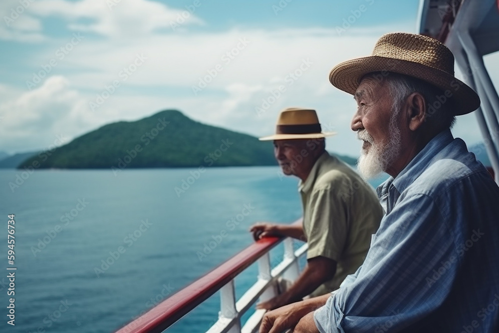 Two older gay men stand at the rail on a cruise ship and look out to sea. Retirement, created with Generative AI Technology