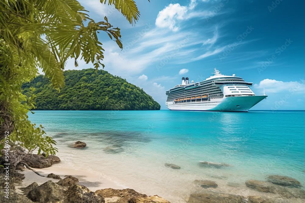 Fototapeta premium cruise liner boat near tropical island, created with Generative AI Technology