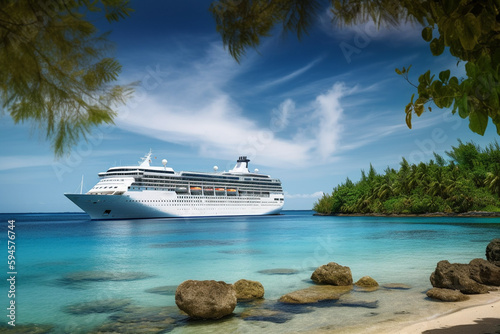 cruise liner boat near tropical island, created with Generative AI Technology