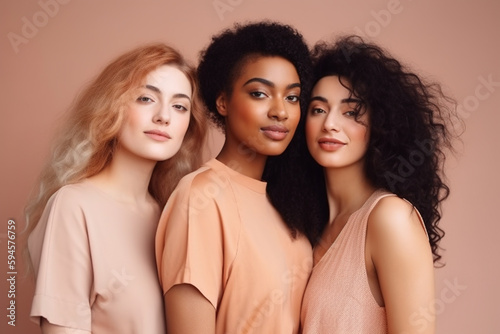 Portrait of caucasian, mestizo and black young women on beige backgorund, concept of diversity of races,  created with Generative AI Technology
