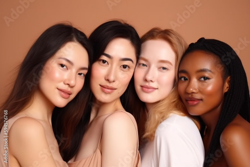 portrait of a stylish group of Asian women on a beige background, created with Generative AI Technology