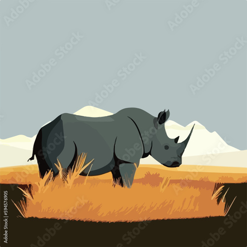 Black rhinoceros in the grasslands. Threatened or endangered species animals. Flat vector illustration concept. Generative AI