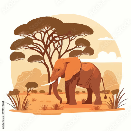 African elephant in the savanna. Threatened or endangered species animals. Flat vector illustration concept. Generative AI
