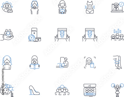 Female-led initiatives line icons collection. Empowerment, Leadership, Progress, Equality, Innovation, Advocacy, Resilience vector and linear illustration. Ambition,Diversity,Collaboration outline