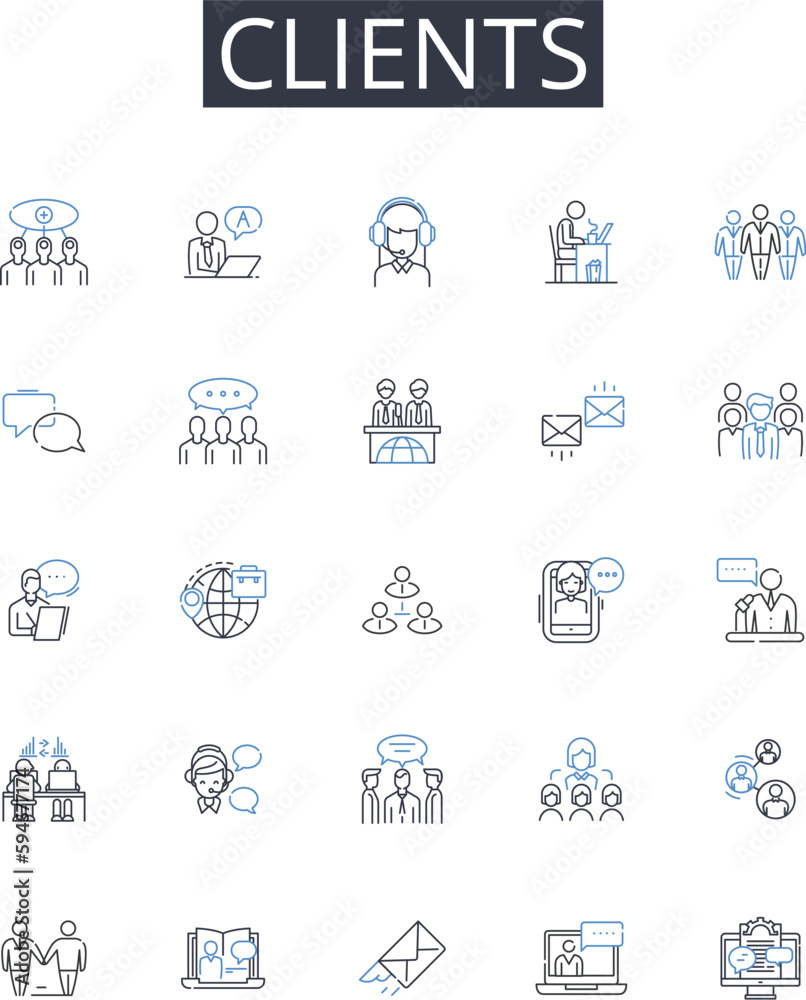 Clients line icons collection. Customers, Patrons, Buyers, Consumers, Visitors, Guests, Shoppers vector and linear illustration. Takers,End-users,Attendees outline signs set