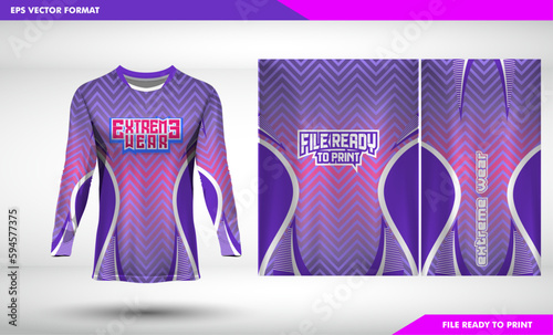 Sublimation dirt bike jersey design illustration. jersey template front, collar and sleeves purple and soft ping girl color zigzag pattren photo