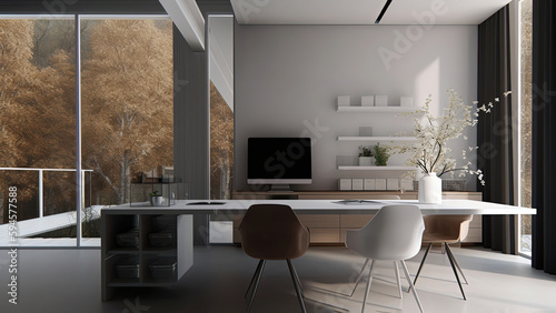 A private home office with a forest view in fall, featuring a white minimalistic interior and floor-to-ceiling glass windows that provide sunlight, photorealistic illustration, Generative AI © DIMENSIONS