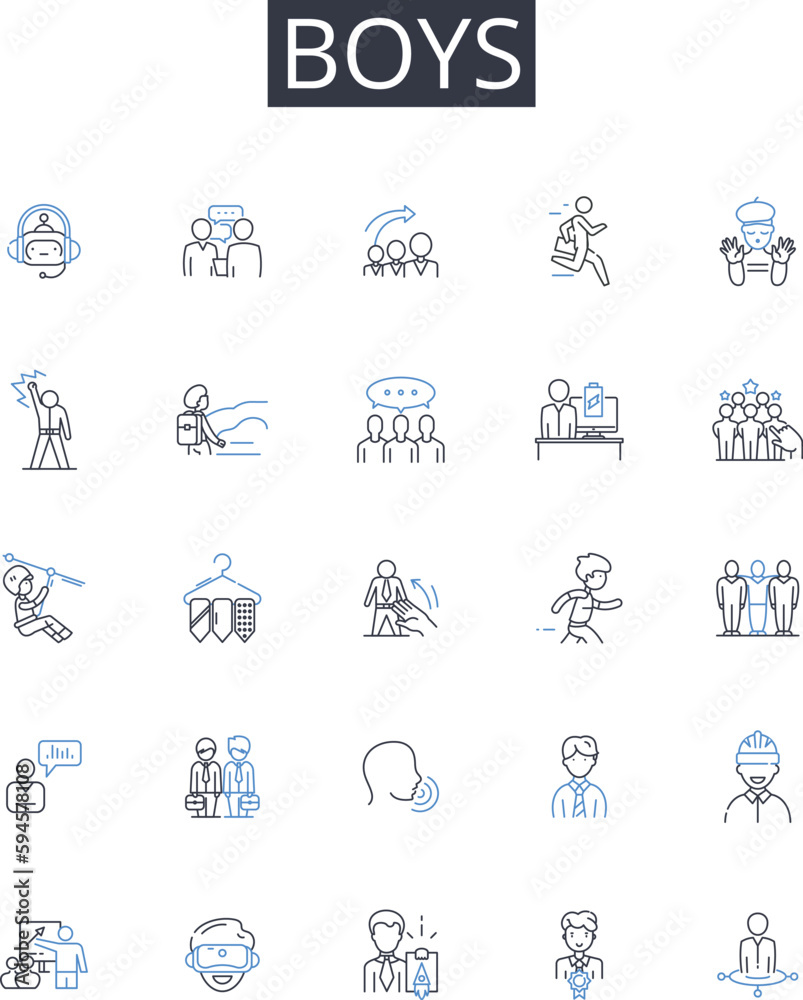Boys line icons collection. Men, Guys, Males, Dudes, Bros, Lads, Gentlemen vector and linear illustration. Blokes,Fellas,Sons outline signs set