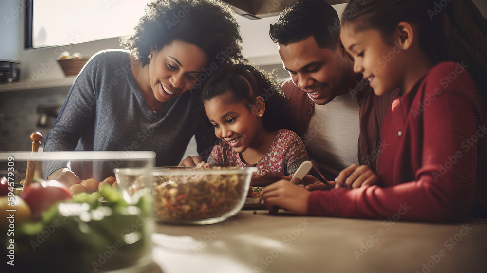 A fictional person. A happy family cooking and sharing a meal together in the kitchen