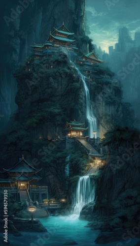 Waterfall in the mountains Generative Ai © ExeLove