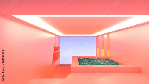 Surreal Room With Infinite Possibilities For Relaxation & Meditation With An Open Sky View, A Swimming Pool & A Sofa. Minimal Space with ambient lighting (ID: 594580339)