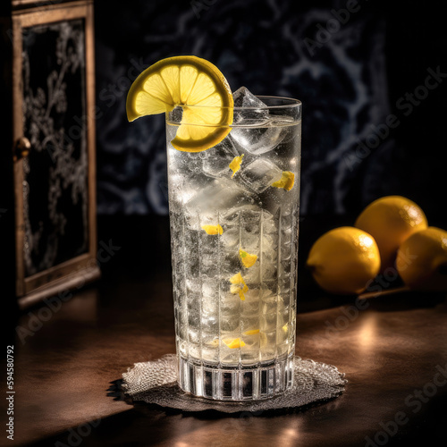 A tall glass of lemonade with a splash of tequila, captured in a stunningly cinematic shot that adds a touch of sophistication to this classic summer beverage.