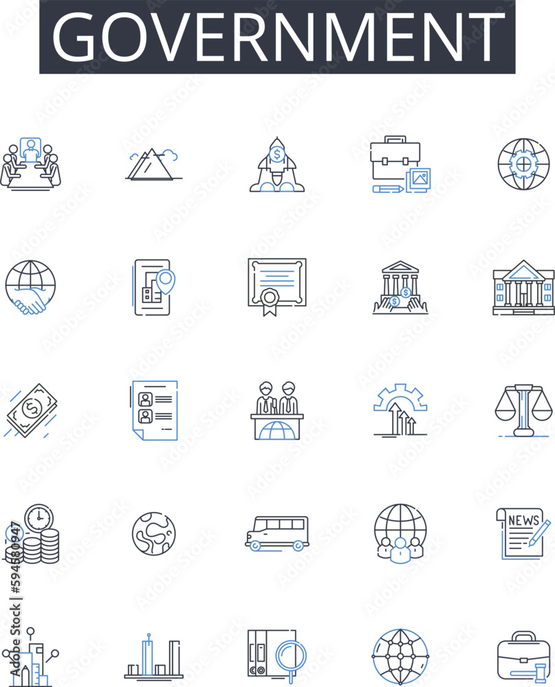 Government line icons collection. Authority Power, State Regime, Administration Management, Governance Direction, Regulator Overseer, Regime Rule, Rule Polity vector and linear illustration. Ruling