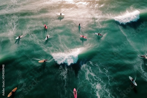 Surfboarder Ensemble: Large Group Riding a Wave, Shared Adventure, Exciting Ocean Experience, Generative AI