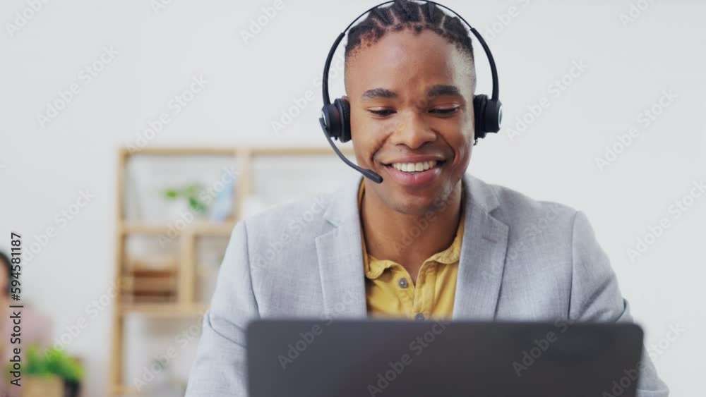 Customer service, laptop video call and happy black man networking on webinar, online conference or telemarketing. Communication microphone, callcenter consulting and office person on sales pitch Customer service, laptop video call and happy black man networking on webinar, online conference or telemarketing. Communication microphone, callcenter consulting and office person on sales pitch