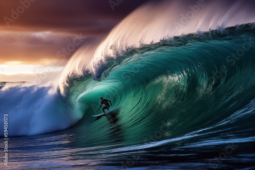 Professional Surfer's Triumph: Epic Tube Wave, Masterful Form & Balance, Showcasing Sports Mastery, Generative AI