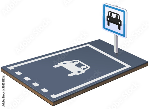 Parking space reserved for carpooling with its information panel and its markings on the ground (cut out)
