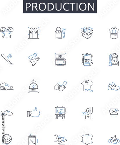 Production line icons collection. Creation, Development, Fabrication, Manufacture, Generation, Construction, Assembly vector and linear illustration. Crafting,Formation,Building outline signs set