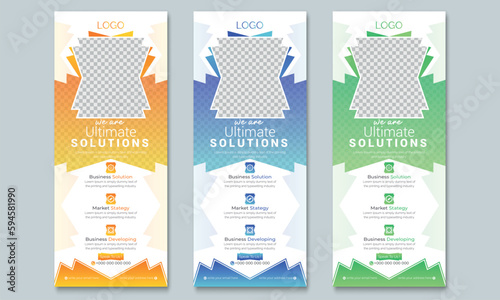 Creative corporate roll up banner design in curve shape layout, geometric triangle and exhibition ads pull up design x-banner design template Business Roll Up Banner stand vector creative design.  photo