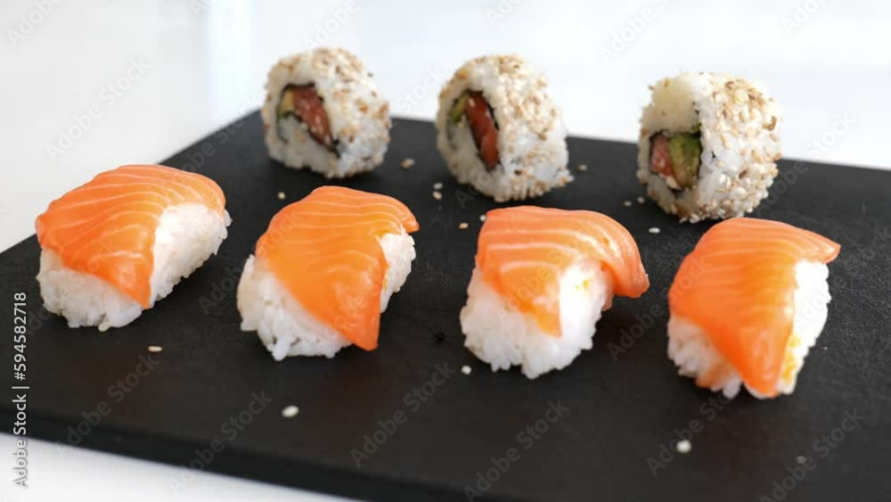 Close up of sushi platter with camera panning. Close up of sushi platter with camera panning.