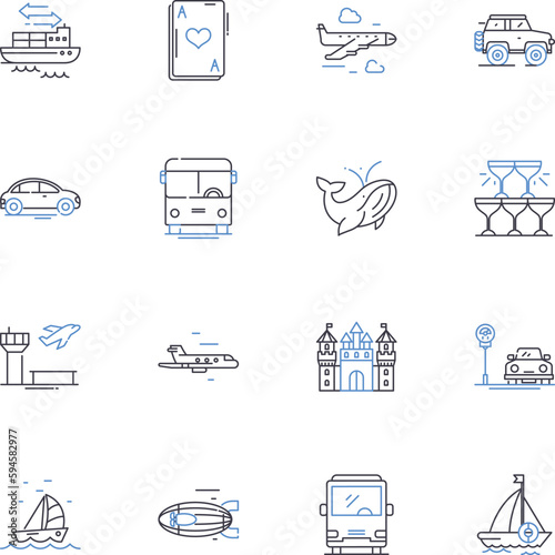Vacating line icons collection. Relaxation, Escape, Adventure, Exploration, Journey, Fun, Excitement vector and linear illustration. Leisure,Peace,Refreshment outline signs set