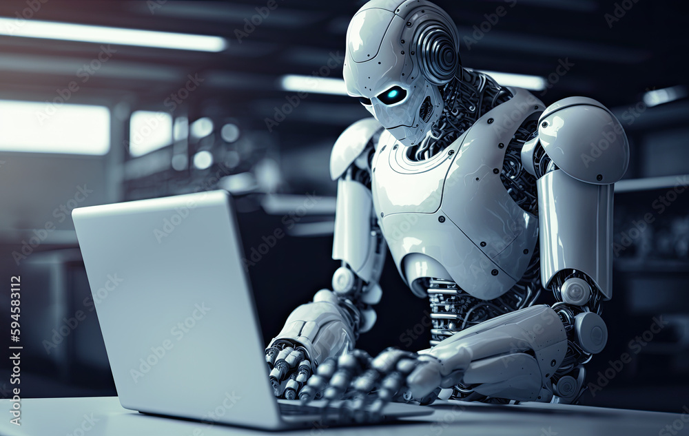 AI robot working with laptop, generate by AI AI robot working with laptop, generate by AI