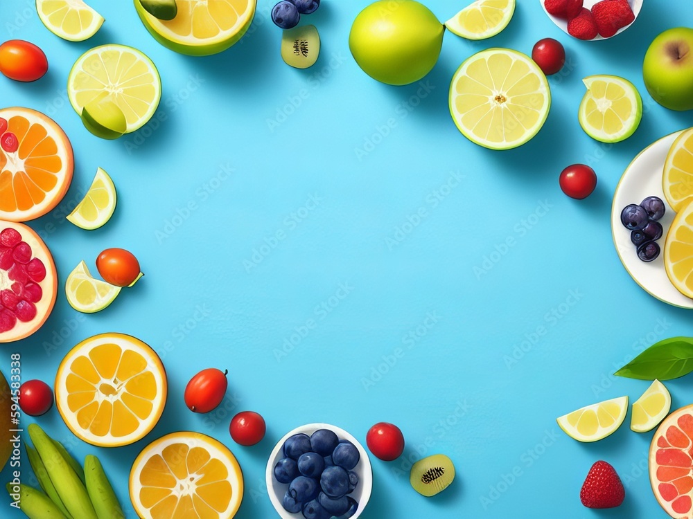 Top View Flat Lay of Fresh Fruits on Pastel Blue Background. Generative AI. Top View Flat Lay of Fresh Fruits on Pastel Blue Background. Generative AI.