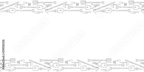 Vector frame of sketches of garden tools, working equipment. Horizontal upper and lower edging, border, divider on gardening, farming, agriculture