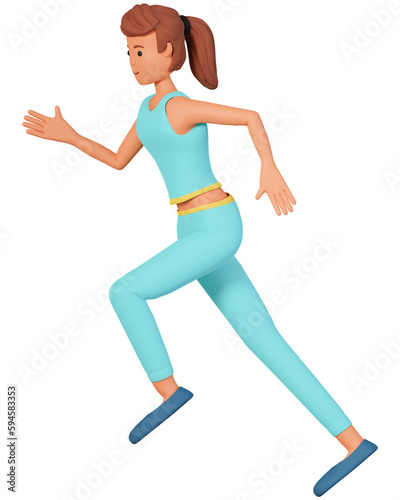 Young woman in sportive wear running 3d illustration isolated on white background. 3d woman character doing fitness exercise