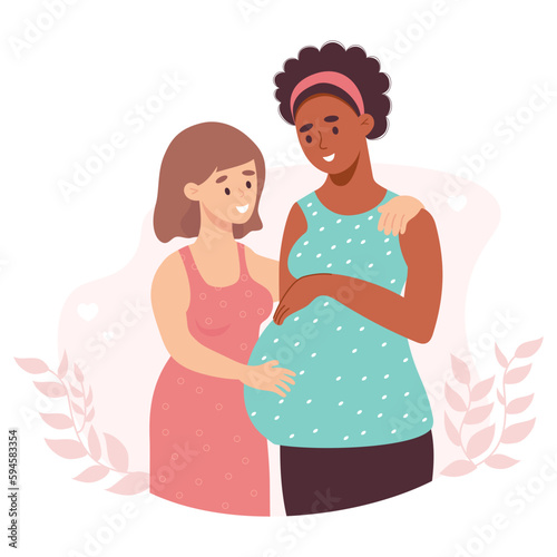 Happy LGBT family. multiracial lesbian family. light-skinned girl with pregnant ethnic black woman. Vector illustration in flat cartoon style. concept of gender relations, surrogate motherhood.