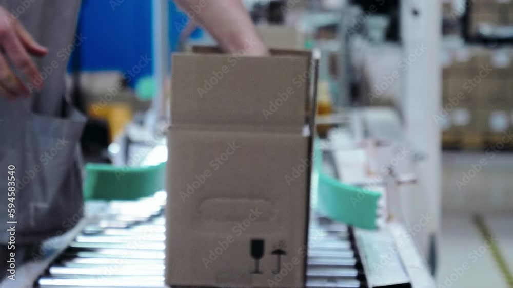 Chemical Production Packaging Process At A Factory. Chemical Production Packaging On A Conveyor