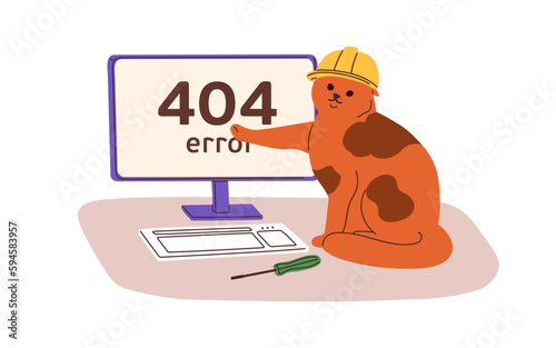 404 error, page not found, wrong website design with cute cat. Webpage failure, internet connection trouble, technical problem concept. Flat graphic vector illustration isolated on white background