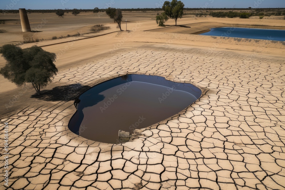 swimming pool surrounded by dried earth, symbolizing drought and water ...