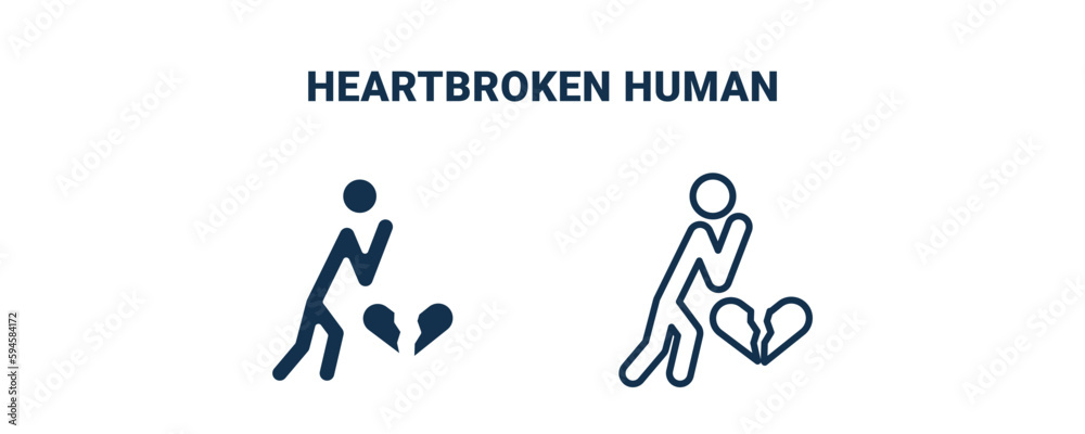 Naklejka premium heartbroken human icon. Outline and filled heartbroken human icon from feeling and reaction collection. Line and glyph vector isolated on white background. Editable heartbroken human symbol.