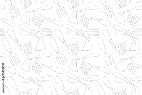 Seamless pattern with hoes. Hand drawn outline vector background and texture in doodle style, isolated. Gardening tools for working in the garden, on the farm, in the dacha, country site