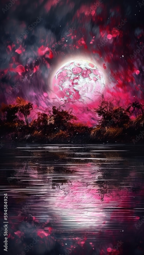 Illustration of a full moon rising above the sea with waves and clouds Generative Ai