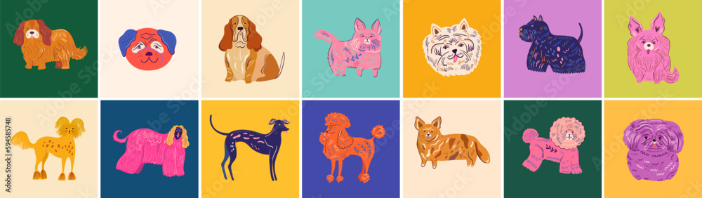 Huge colourful cartoon vector collection with cute dogs. Vector set of different dog breeds.