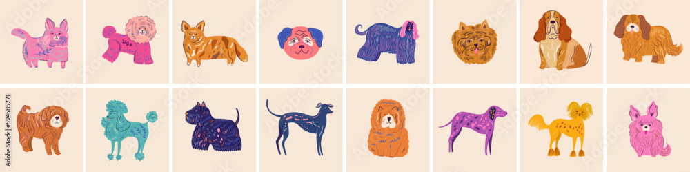 Obraz premium Huge colourful cartoon vector collection with cute dogs. Vector set of different dog breeds.