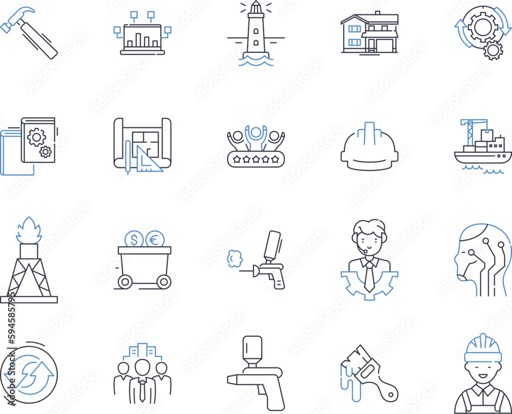 Engineer line icons collection. Design, Innovation, Problem-solving, Analysis, Precision, Creativity, Efficiency vector and linear illustration. Construction,Manufacturing,Tools outline signs set