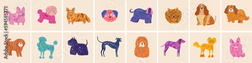 Huge colourful cartoon vector collection with cute dogs. Vector set of different dog breeds.