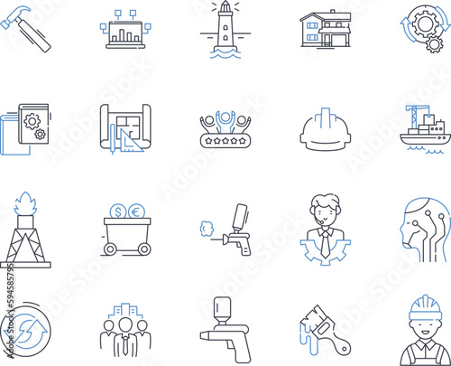 Engineer line icons collection. Design, Innovation, Problem-solving, Analysis, Precision, Creativity, Efficiency vector and linear illustration. Construction,Manufacturing,Tools outline signs set