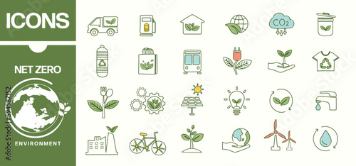NET ZERO banner icons set, carbon neutral and net zero concept. Net zero greenhouse gas emissions target. Climate neutral long term strategy with green net zero line icon. Vector illustration.