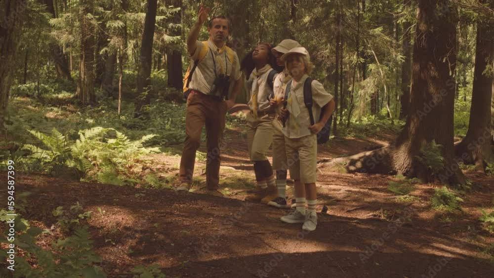 Full length shot of adult Caucasian male scouter showing diverse group of kids around summer forest, talking about plants and trees growing there