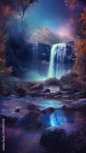 A purple and blue waterfall at night Generative Ai