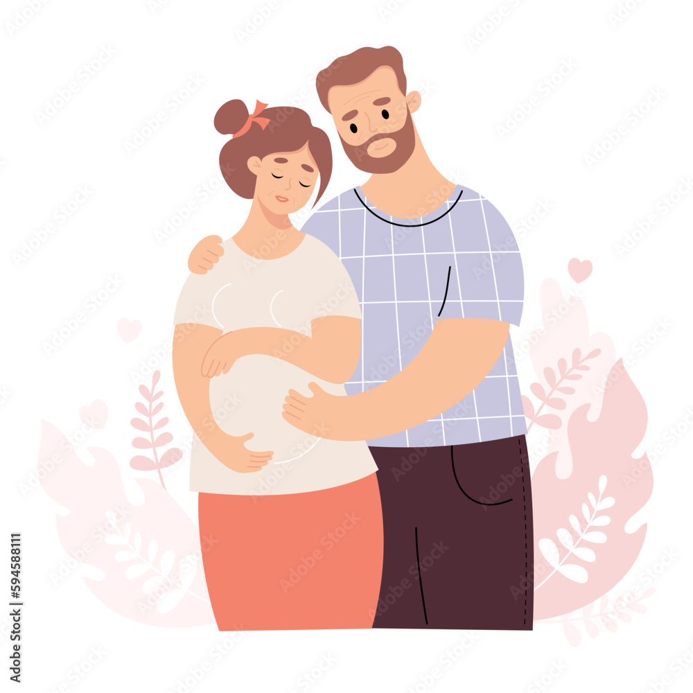 Happy family. Pregnant adult mature woman and husband. Light skinned couple expecting baby. Vector illustration. Future parents, pregnancy motherhood, parenthood concept.