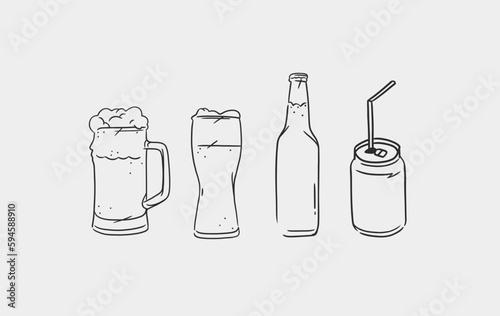 Hand drawn vector abstract graphic line illustration with glass beer mugs and bottle set collection .Vector outline beer illustration sketch drawing. Vector beer glass isolated element design concept.